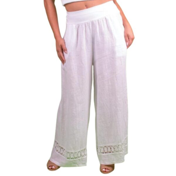 Linen Wide Leg Pant w/ Lace Hem - White